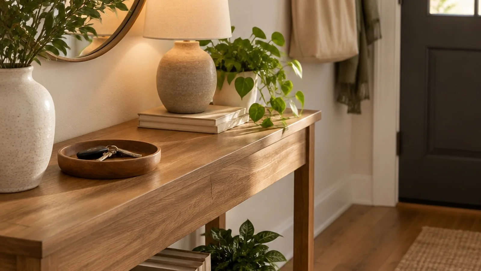 Organized entryway with keys, bag, and soft light for practical adulting tips