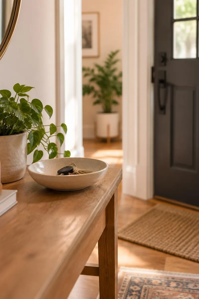 Simple home entry with keys and soft daylight for kind adulting habits