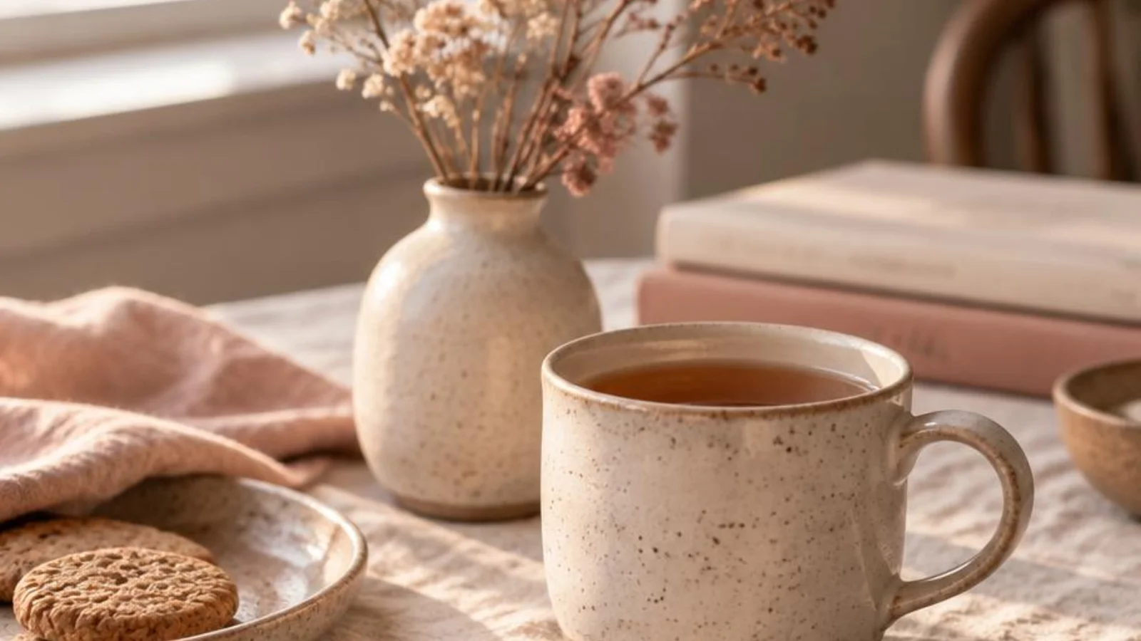 Soft morning table with linen, ceramic mug, and dried flowers for aesthetic Instagram bio ideas