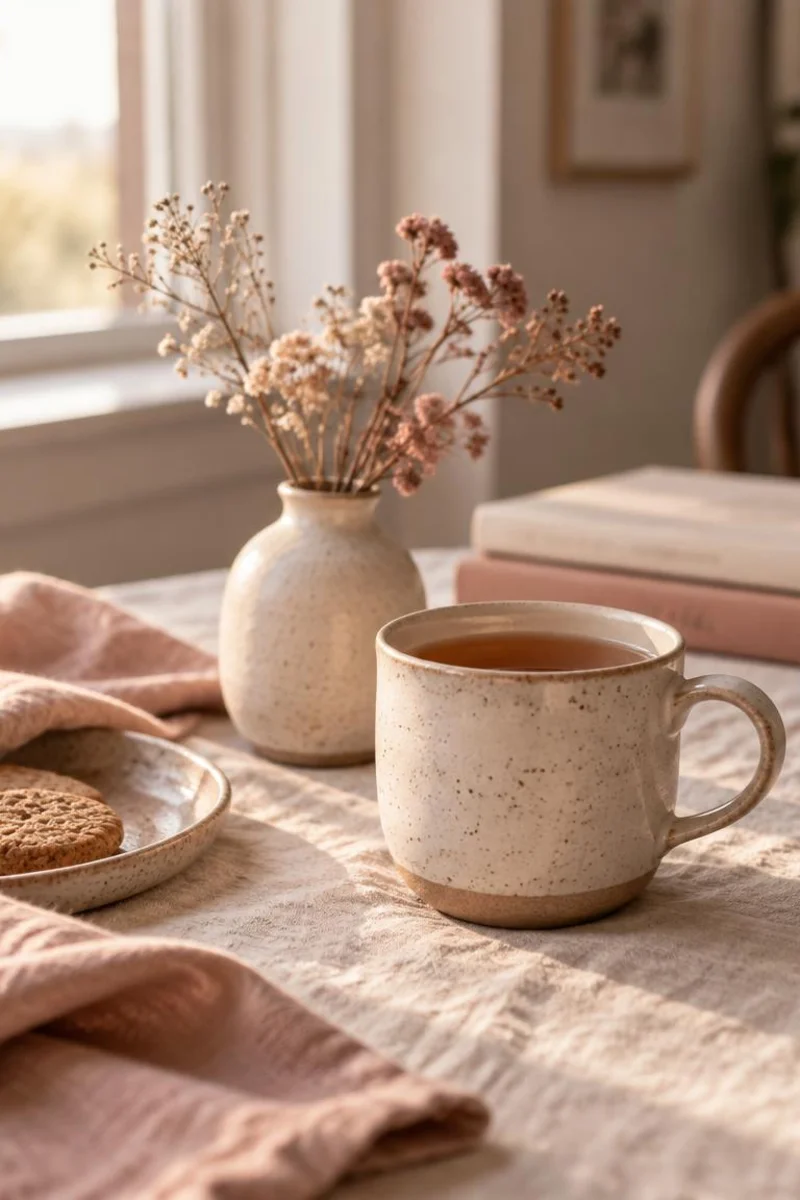 Soft morning table with linen, ceramic mug, and dried flowers for aesthetic Instagram bios