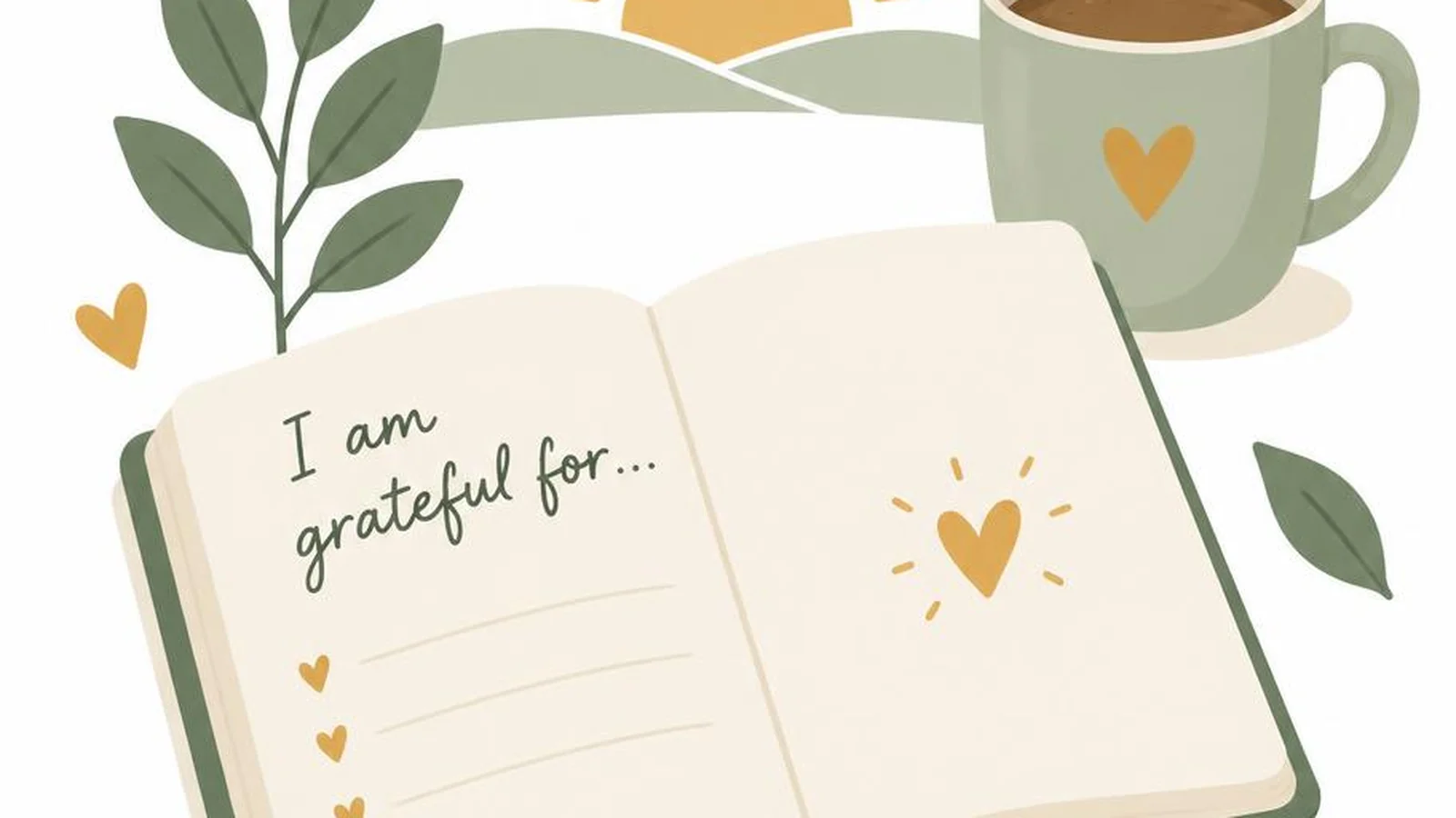 Clean illustration of an open journal, sunrise mug, and small heart leaf icons on a white background for gratitude affirmations.