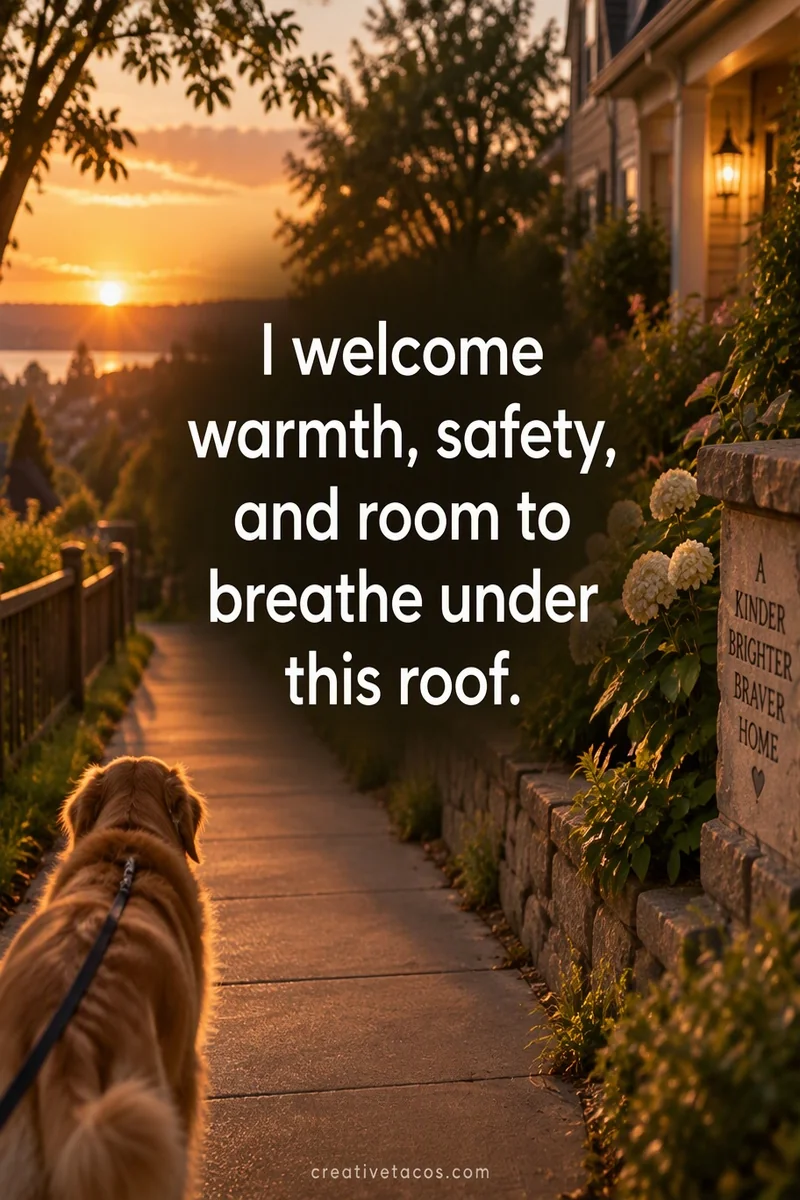Affirmation card: I welcome warmth, safety, and room to breathe under this roof.