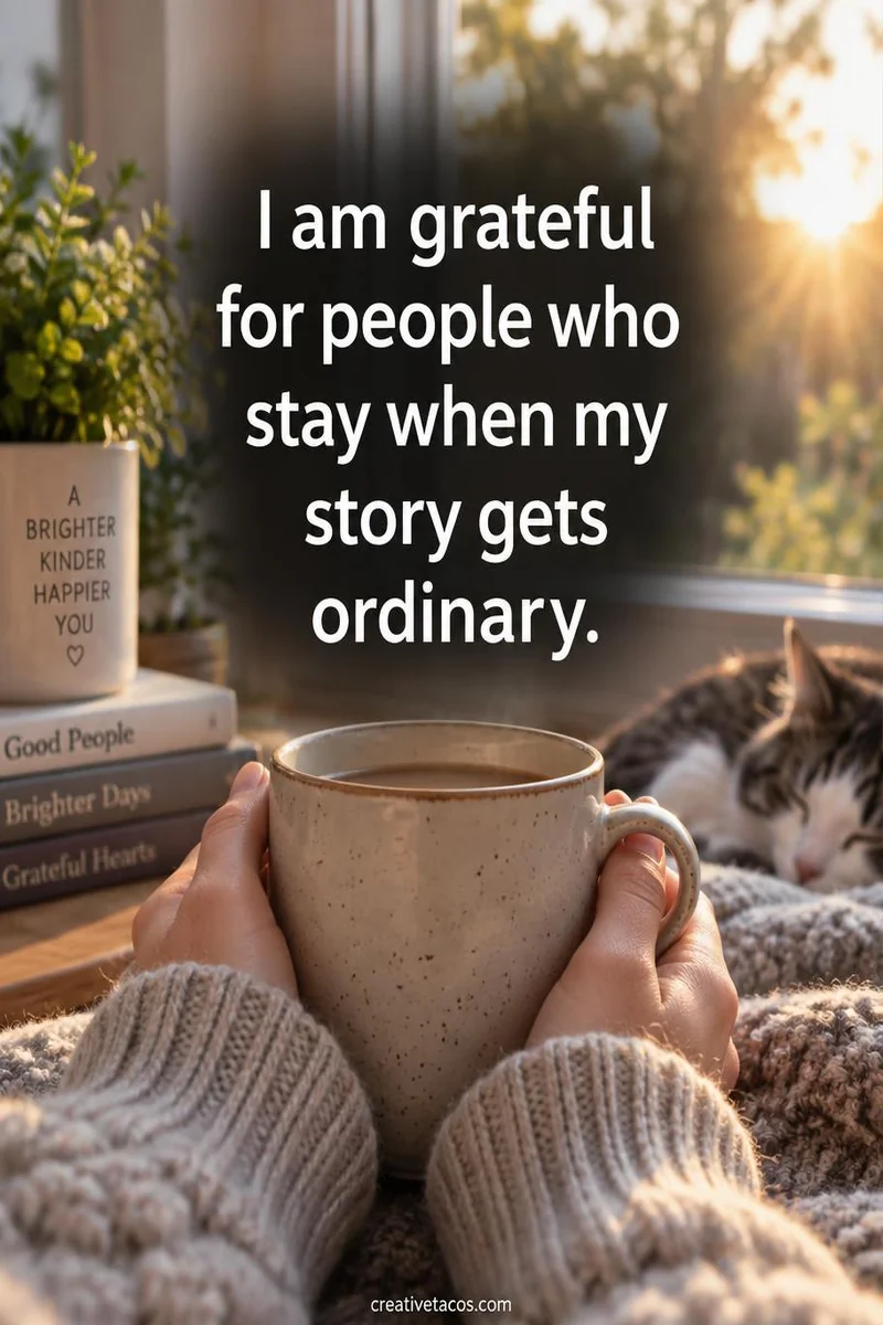 Affirmation card: I am grateful for people who stay when my story gets ordinary.