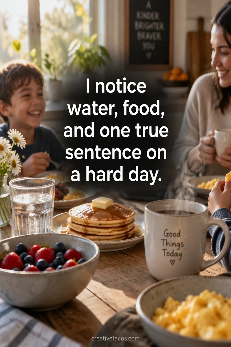 Affirmation card: I notice water, food, and one true sentence on a hard day.