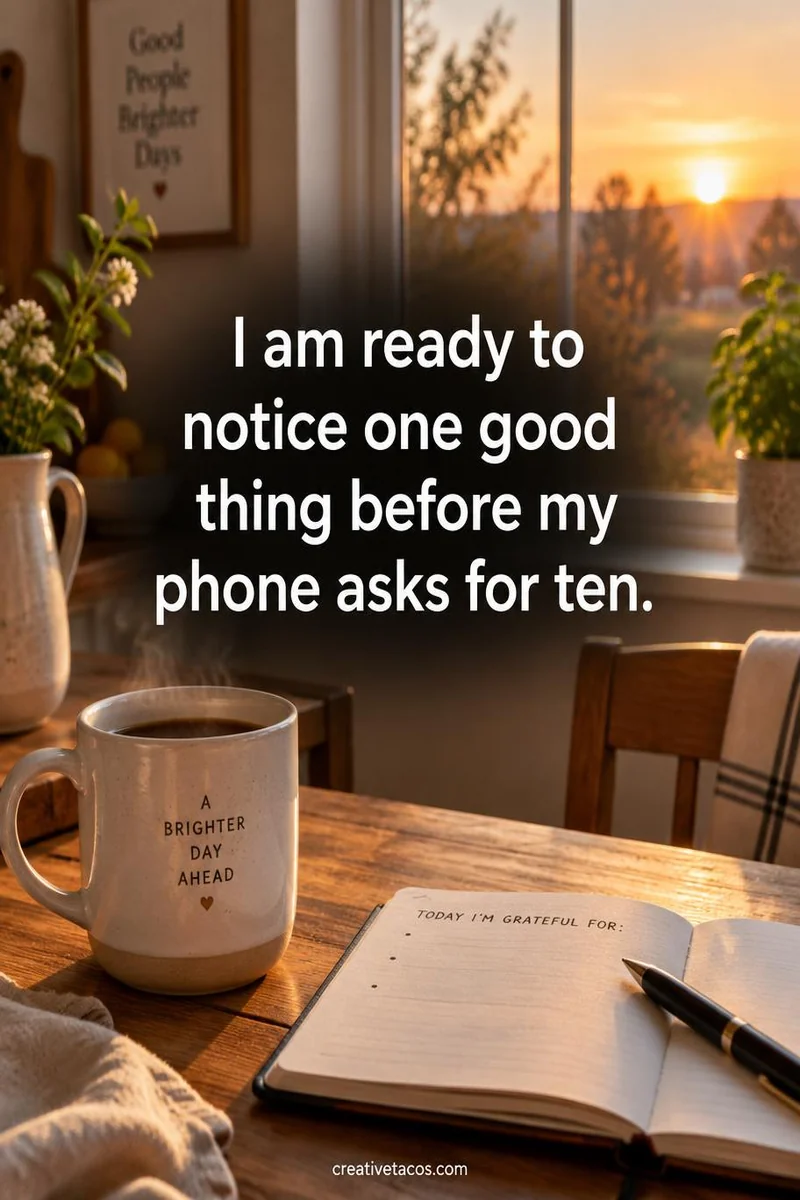 Affirmation card: I am ready to notice one good thing before my phone asks for ten.