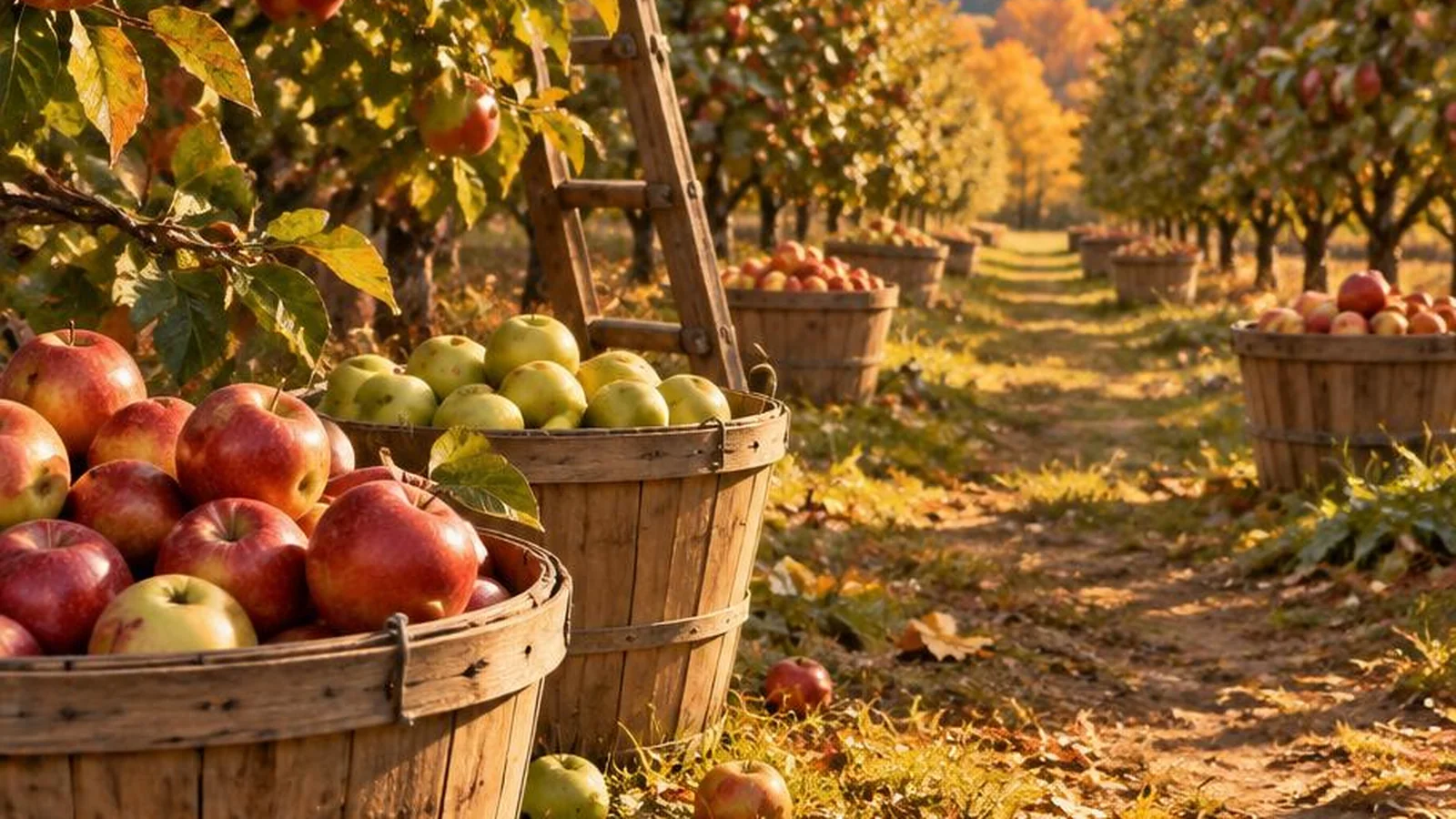 Apple orchard rows with baskets of fruit and autumn harvest light.
