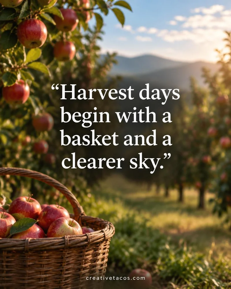 Apple orchard quote card with fruit baskets, trees, and a creativetacos.com footer