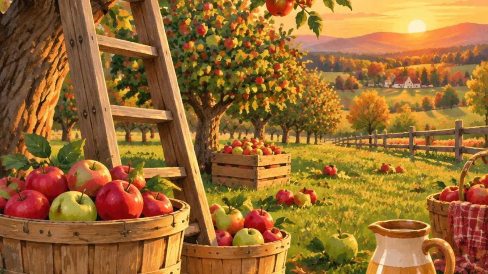 Apple orchard at golden hour with baskets of red apples, a ladder, and a cider jug