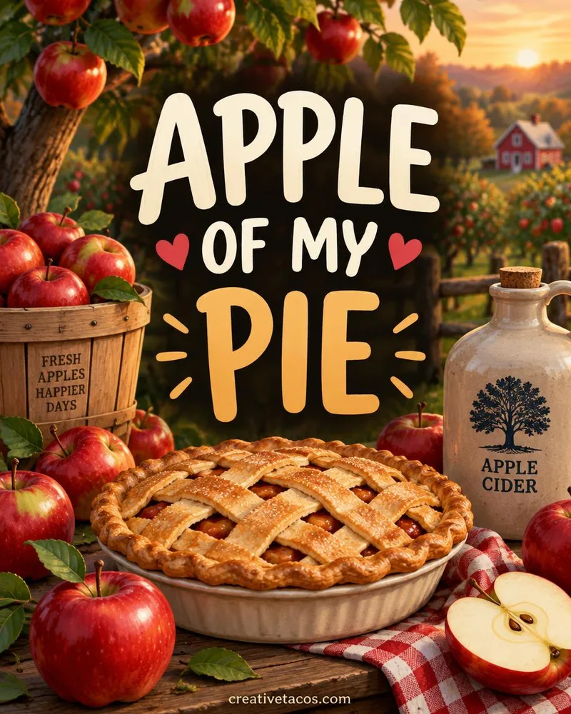 Pun card that says Apple of my pie with orchard baskets and a creativetacos.com footer