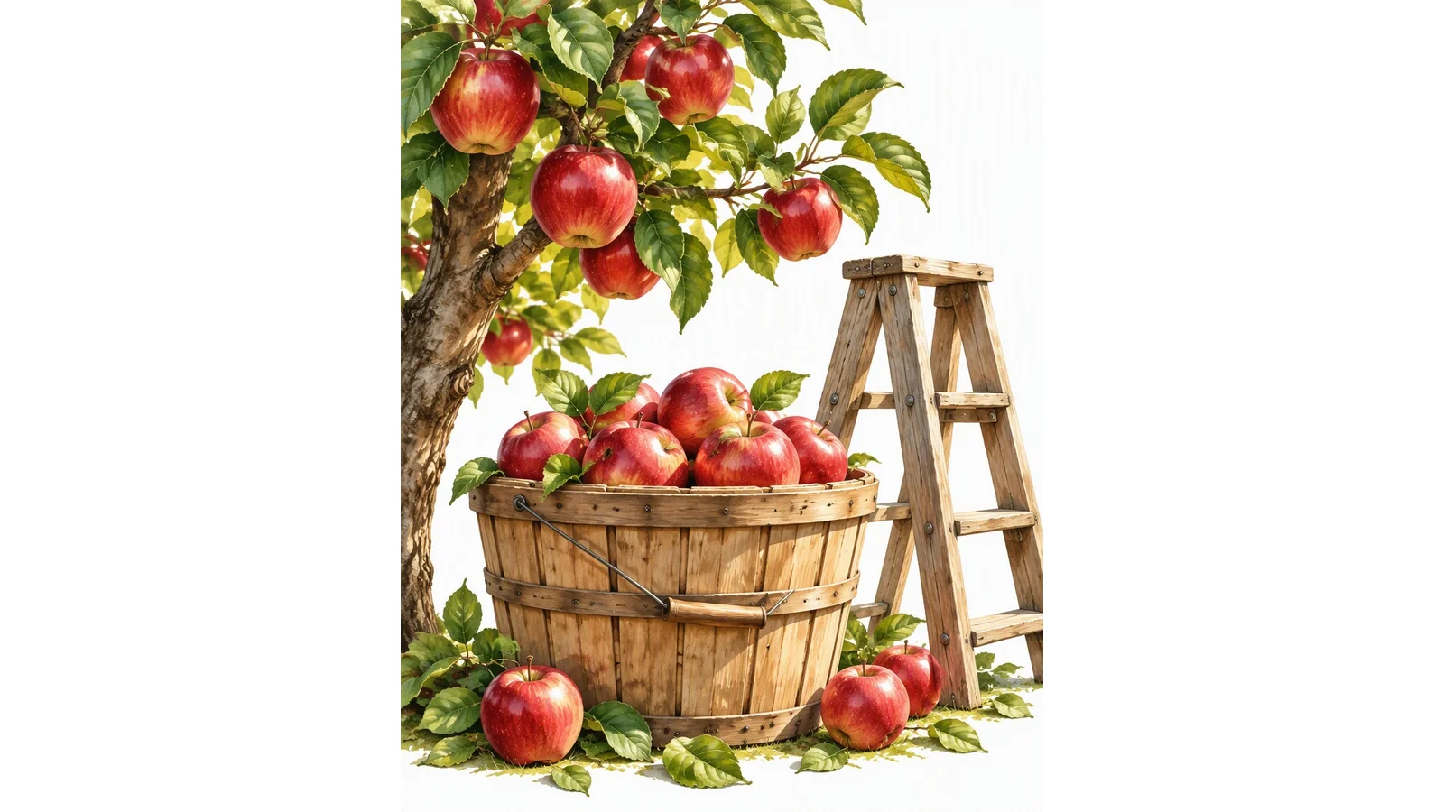 Apple picking illustration with red apples in a basket, ladder, and orchard light on clean white background