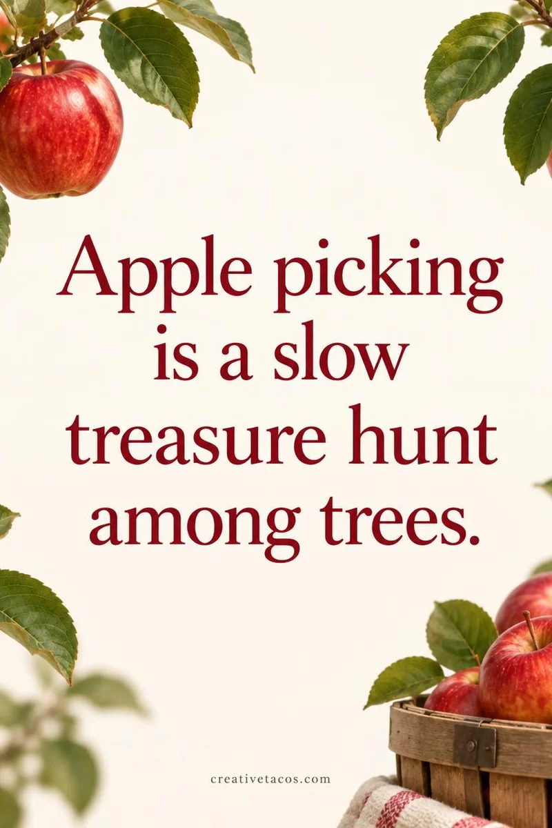Quote card: Apple picking is a slow treasure hunt among trees.