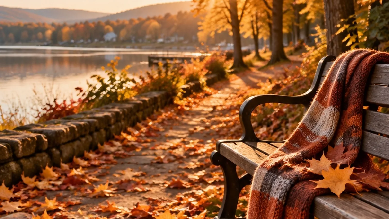 A golden autumn path with fallen maple leaves, a knit scarf on a bench, and soft late-afternoon light.