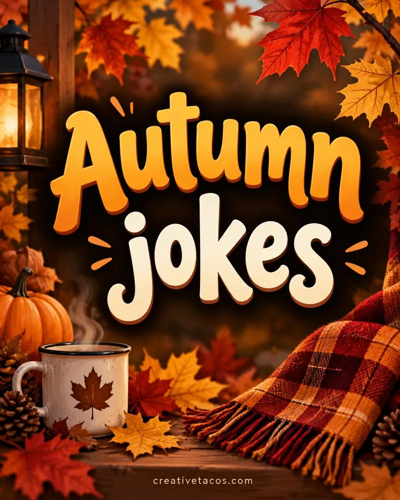 autumn joke card with cozy seasonal props and a creativetacos.com footer