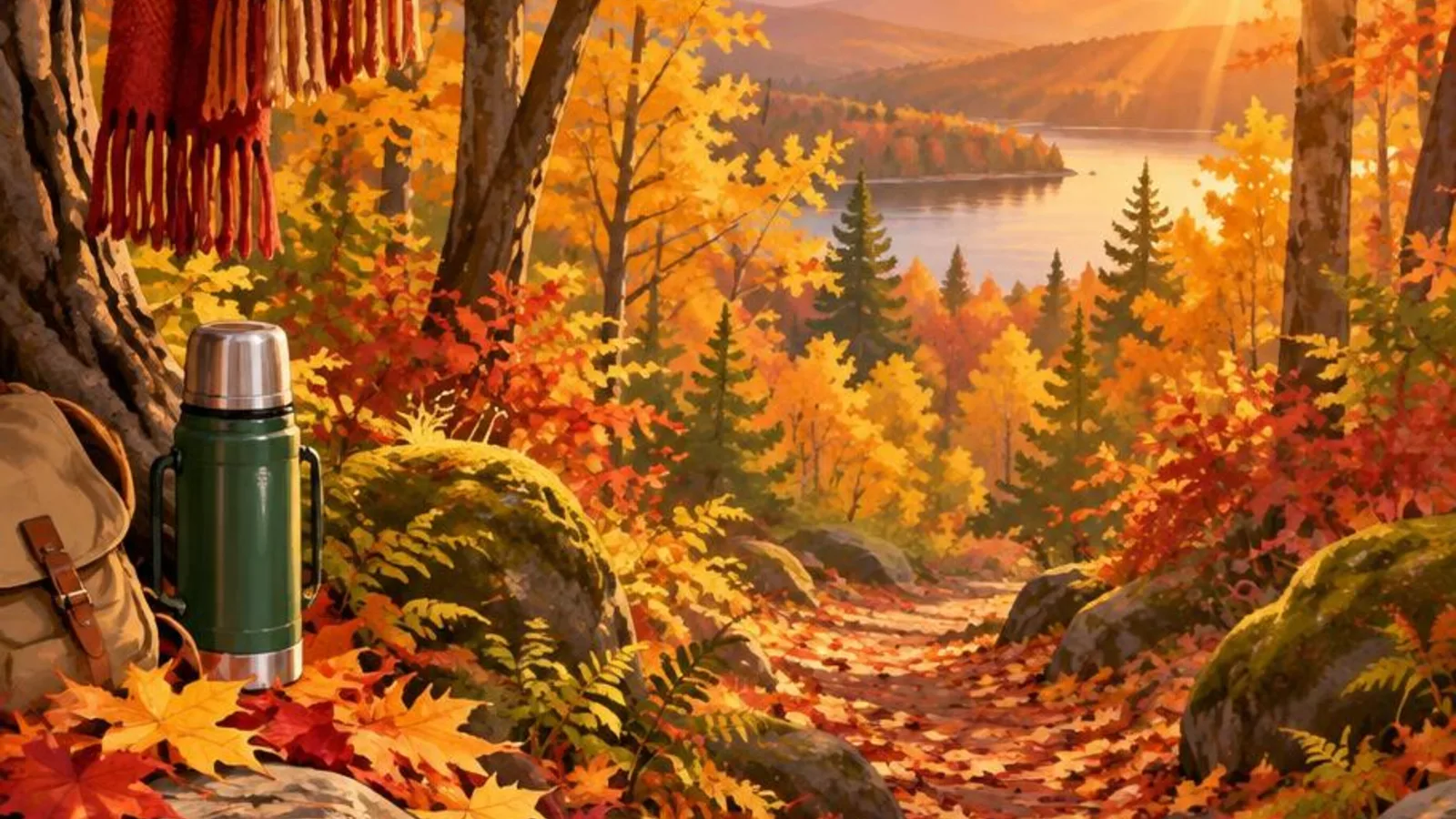 Forest path carpeted in red, gold, and orange maple leaves at golden hour