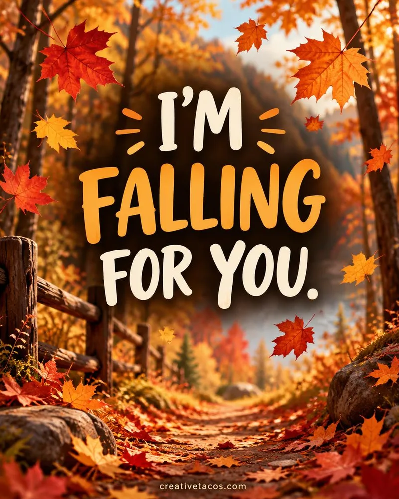 Pun card that says I'm falling for you with maple leaves and a creativetacos.com footer