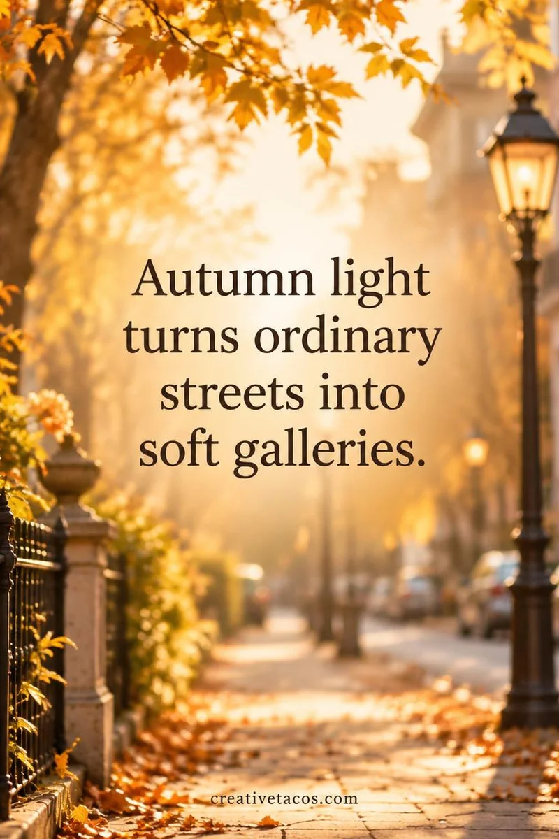 Quote card: Autumn light turns ordinary streets into soft galleries.