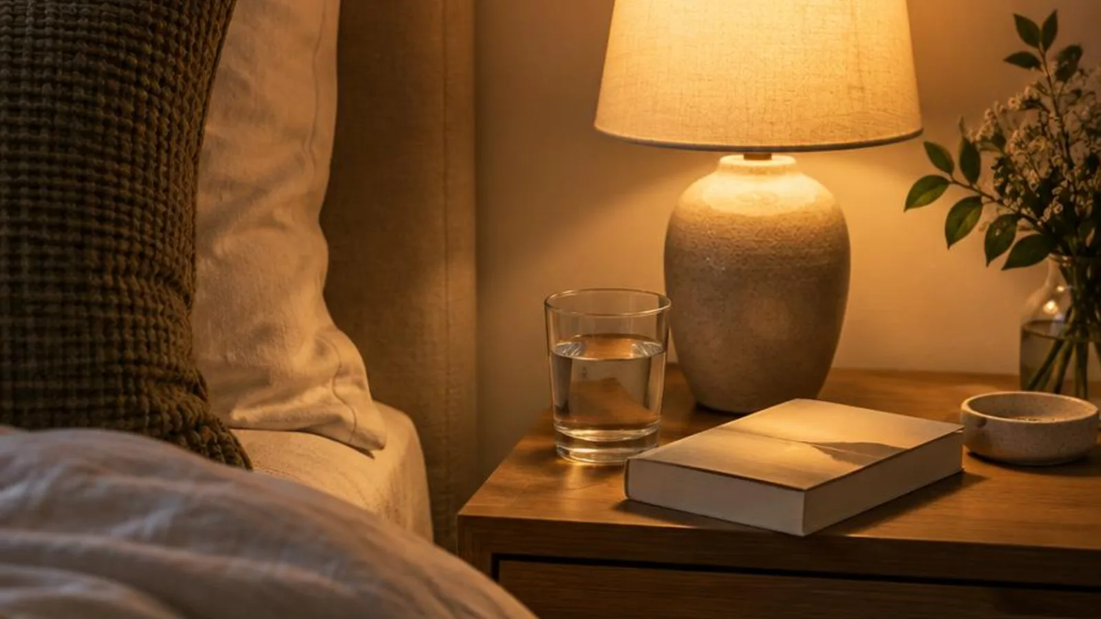A bedside table with a lamp, book, and glass of water for a simple bedtime mindfulness routine