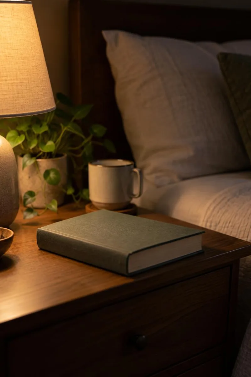 A dim bedside lamp and book ready for a short bedtime mindfulness sequence