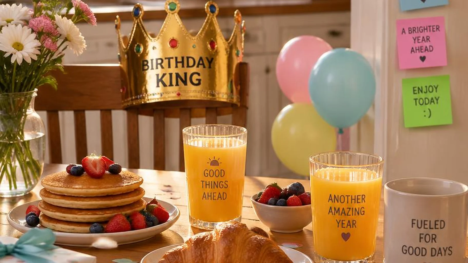 Birthday breakfast table with foil crown balloons sticky notes and gentle morning surprise props