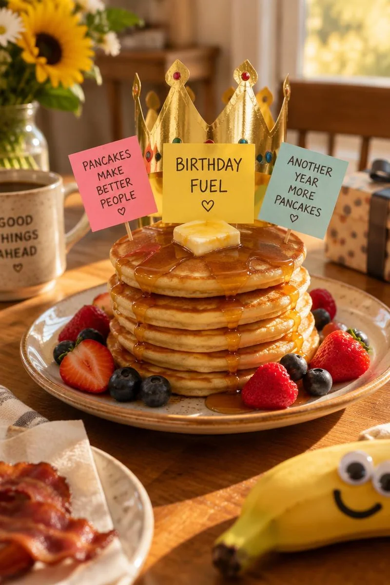 Gentle birthday breakfast with foil crown sticky note trail and soft morning props