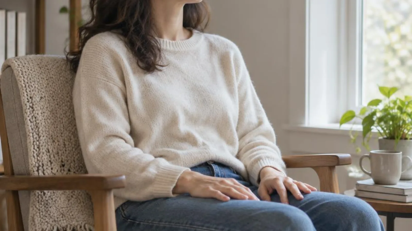 A quiet chair by a window with a person resting hands on lap for a short body scan
