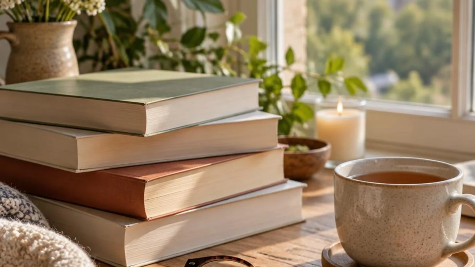 Stacked books, tea, and reading glasses in window light for bookish Instagram bio ideas