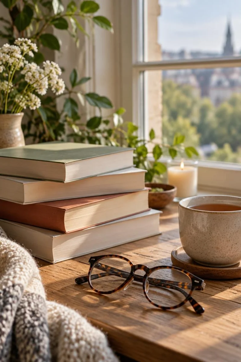 Stacked books, tea, and reading glasses in window light for bookish Instagram bios