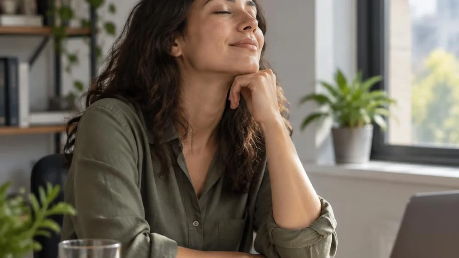 A person pausing at a desk with a notebook and a glass of water for an afternoon breathing reset