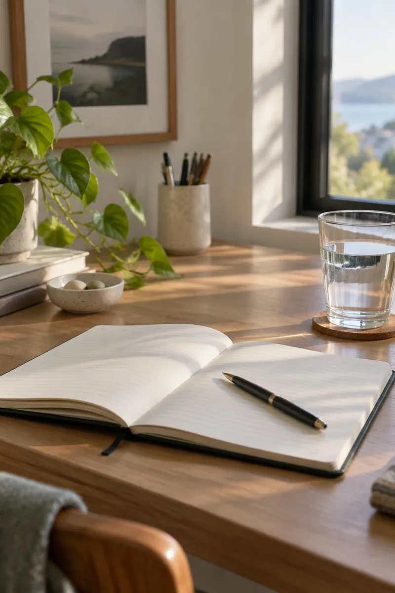 A quiet desk corner with a notebook, pen, and water glass ready for a short breathing practice