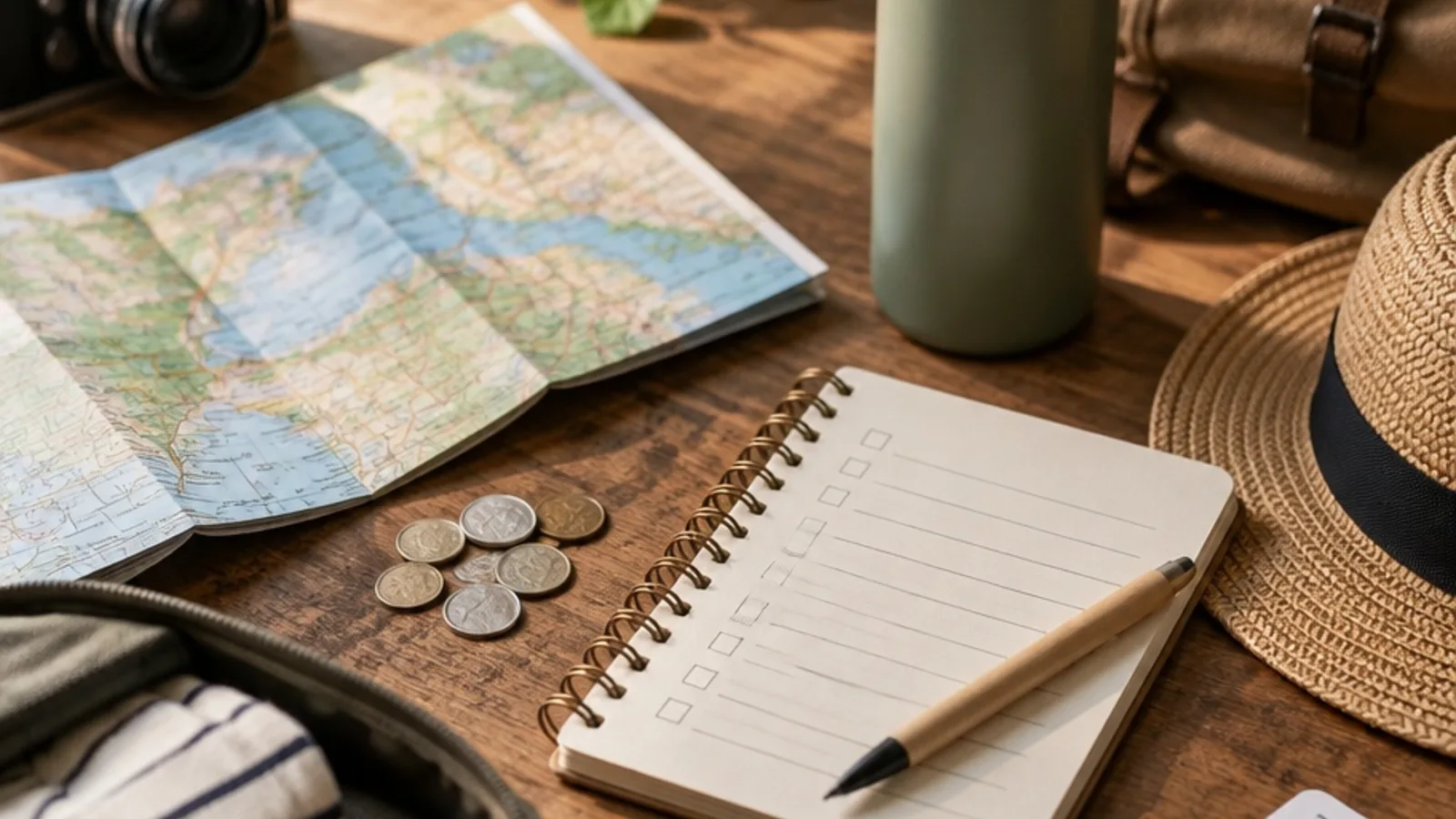 Simple travel flat lay with map, coins, and a hopeful packing list