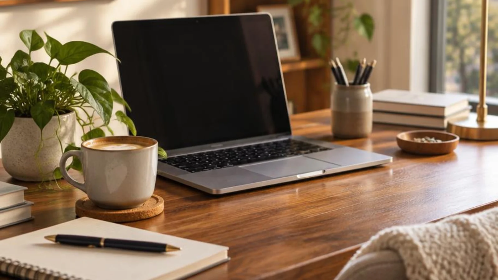 Warm office nook with laptop, plant, coffee, and notebook for career Instagram bio ideas