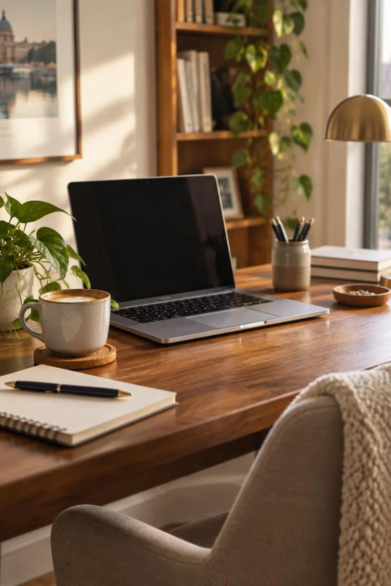Warm office nook with laptop, plant, and notebook for career Instagram bios