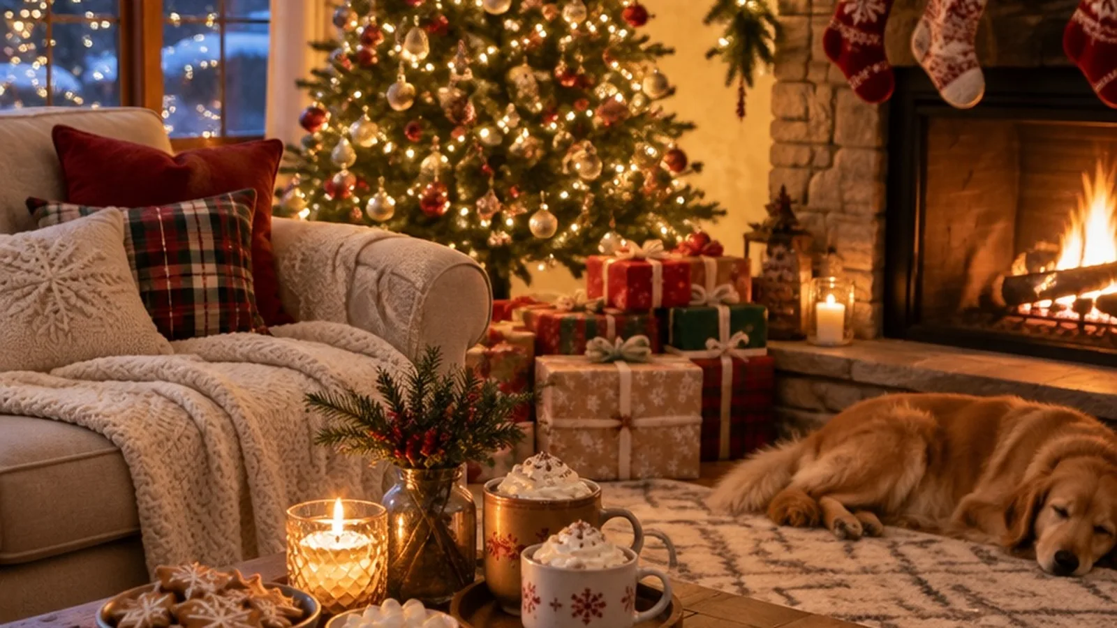 A cozy Christmas living room with a lit tree, wrapped gifts, cocoa mugs, and warm string lights.