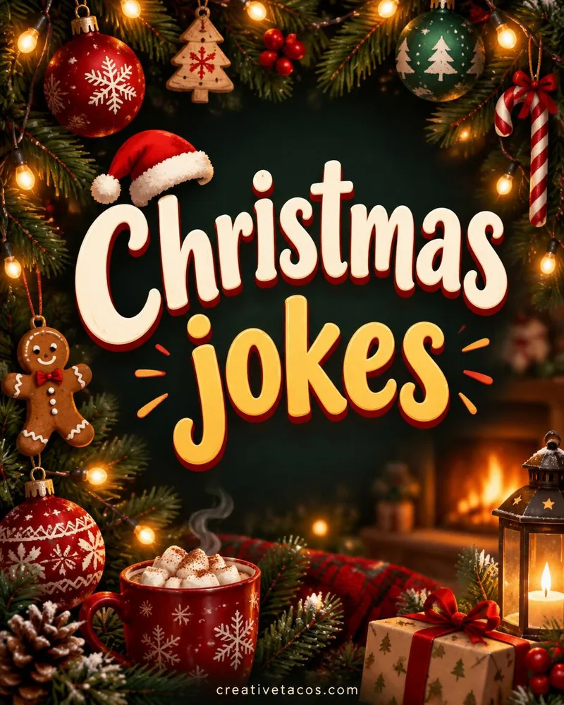 christmas joke card with cozy seasonal props and a creativetacos.com footer