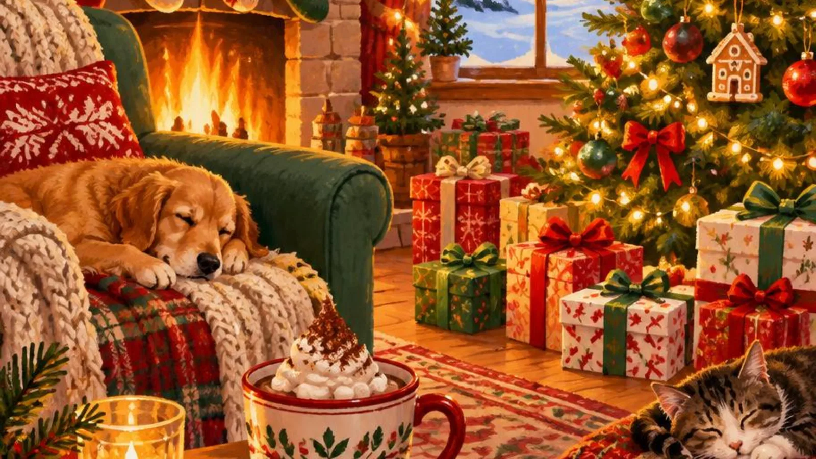 Cozy Christmas living room with tree lights, wrapped gifts, and a mug of cocoa