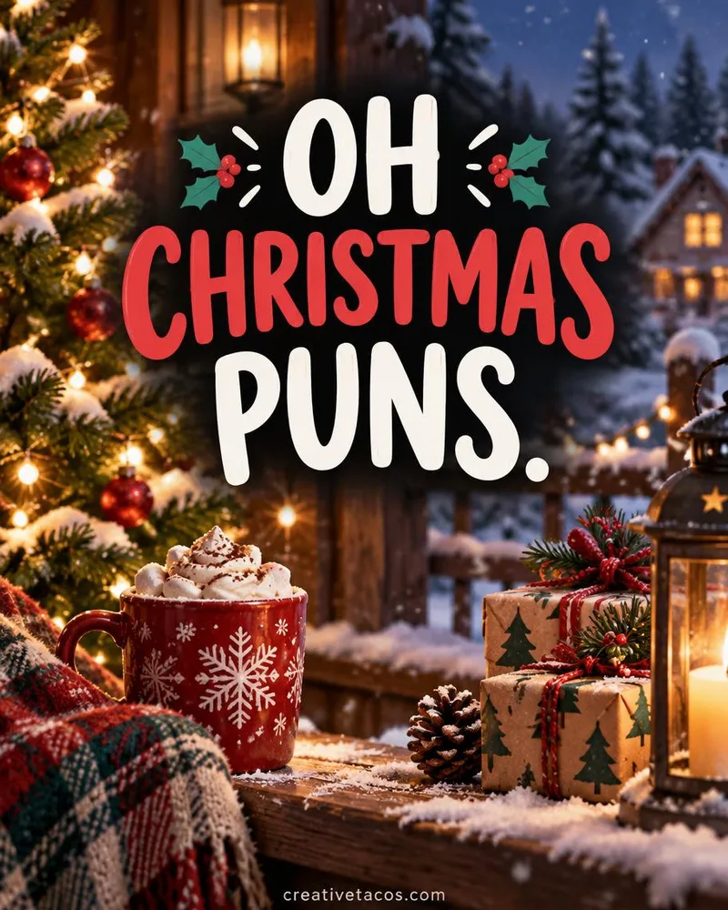 Pun card that says Oh Christmas puns with tree lights, gifts, and a creativetacos.com footer