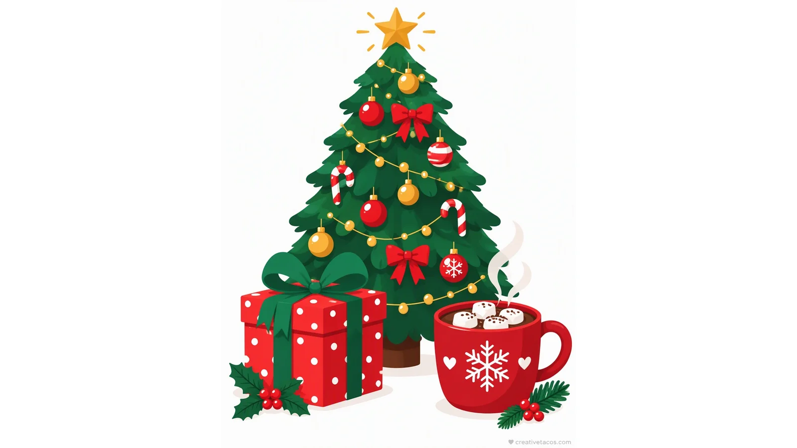 Friendly Christmas illustration of a decorated tree, gift box, and cocoa mug on a white background.