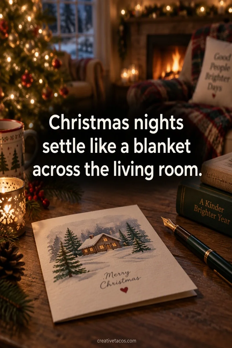 Quote card: Christmas nights settle like a blanket across the living room.