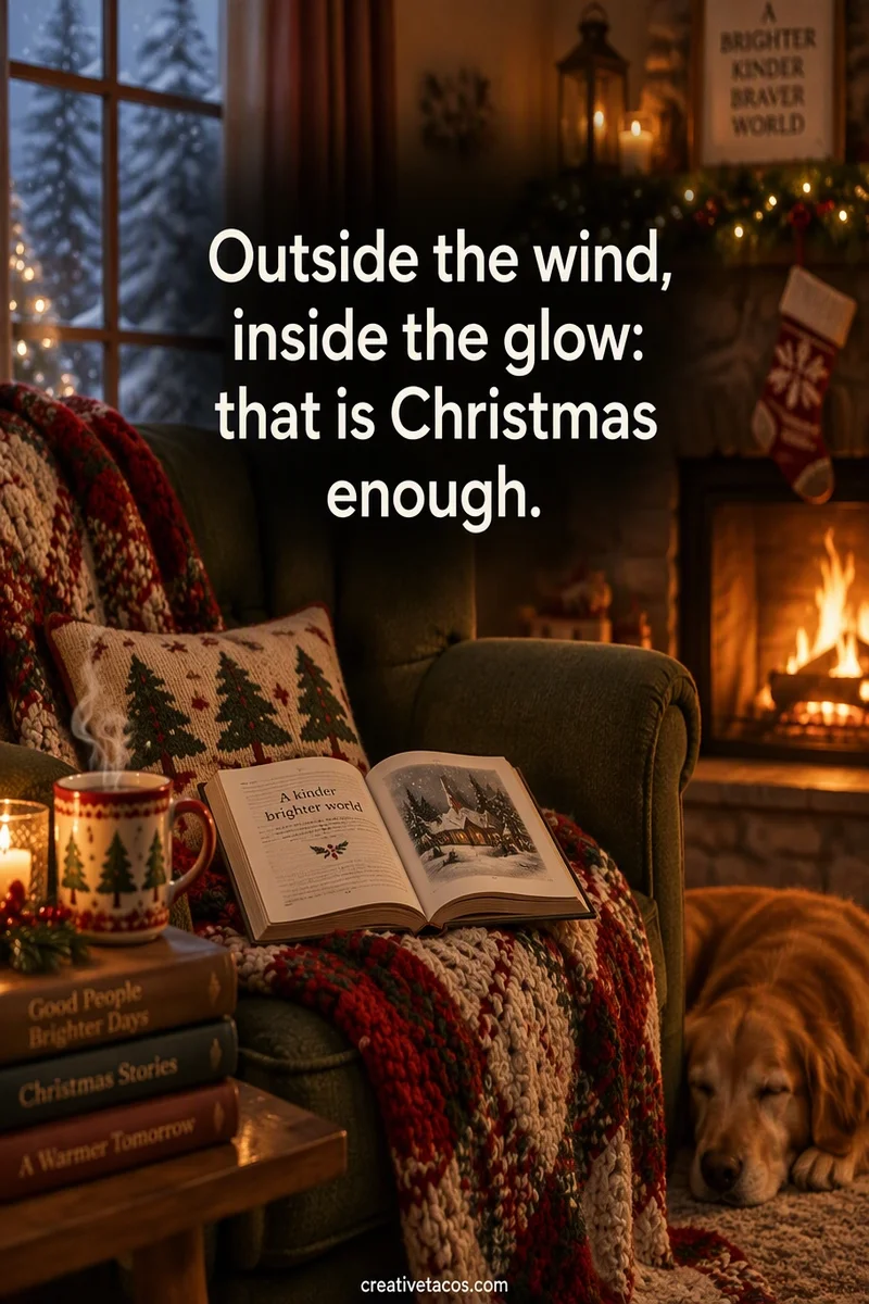 Quote card: Outside the wind, inside the glow: that is Christmas enough.