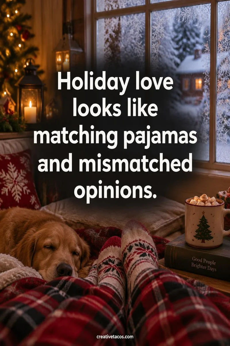 Quote card: Holiday love looks like matching pajamas and mismatched opinions.