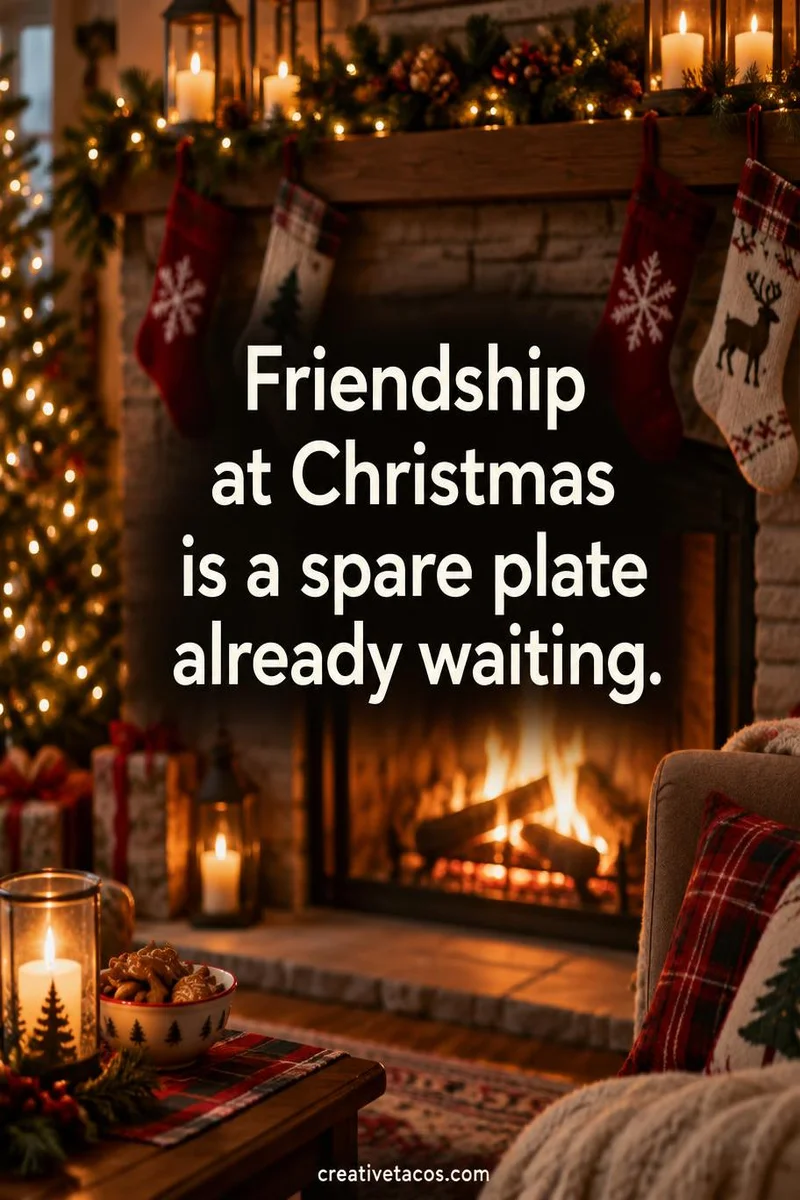 Quote card: Friendship at Christmas is a spare plate already waiting.