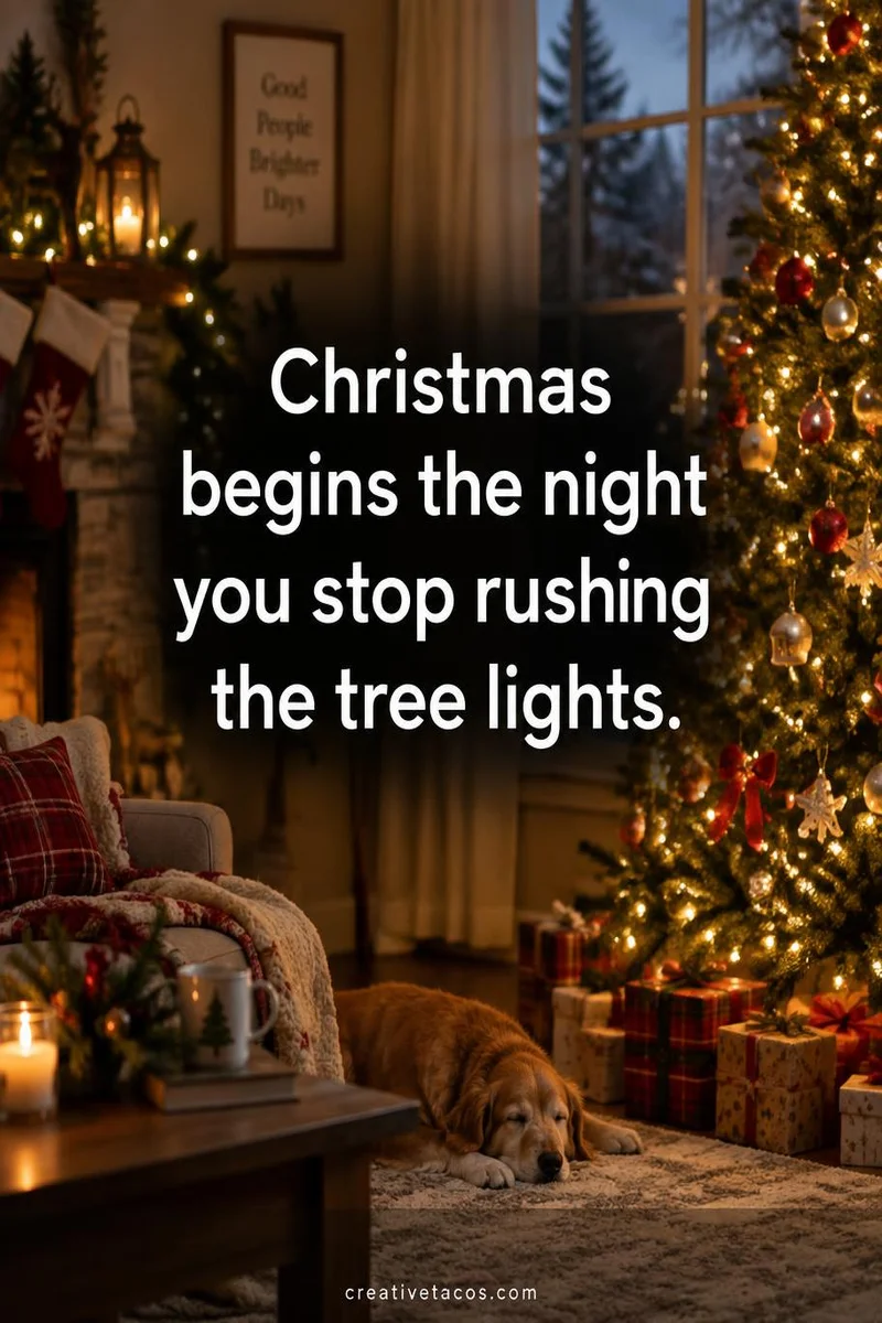 Quote card: Christmas begins the night you stop rushing the tree lights.