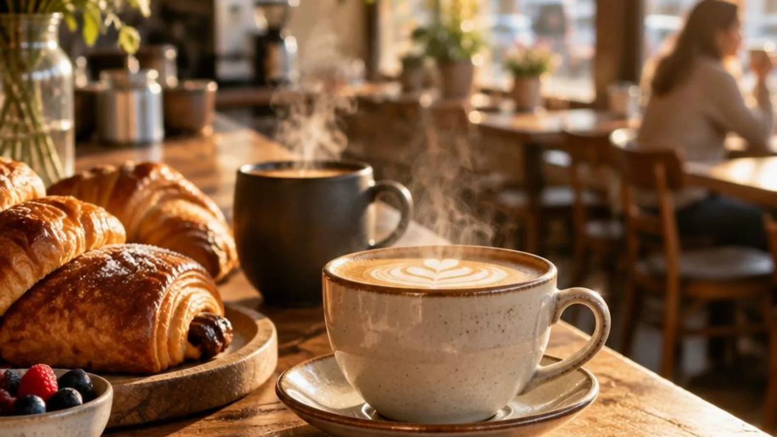 A morning cafe table with a ceramic cup of coffee, a linen napkin, a kraft notebook, and a few scattered beans.