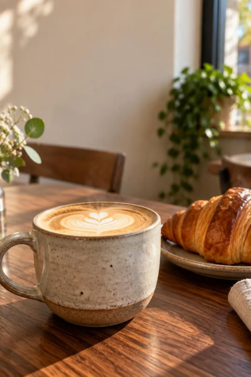 A stoneware latte on a walnut cafe table beside a croissant, morning light on the foam