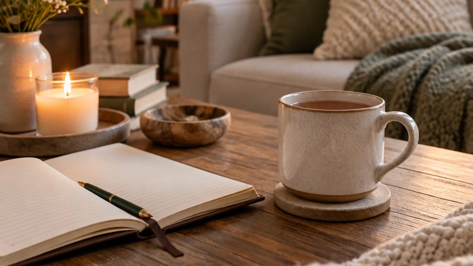 Cozy Sunday table with tea, journal, and soft blanket light for a weekly reset