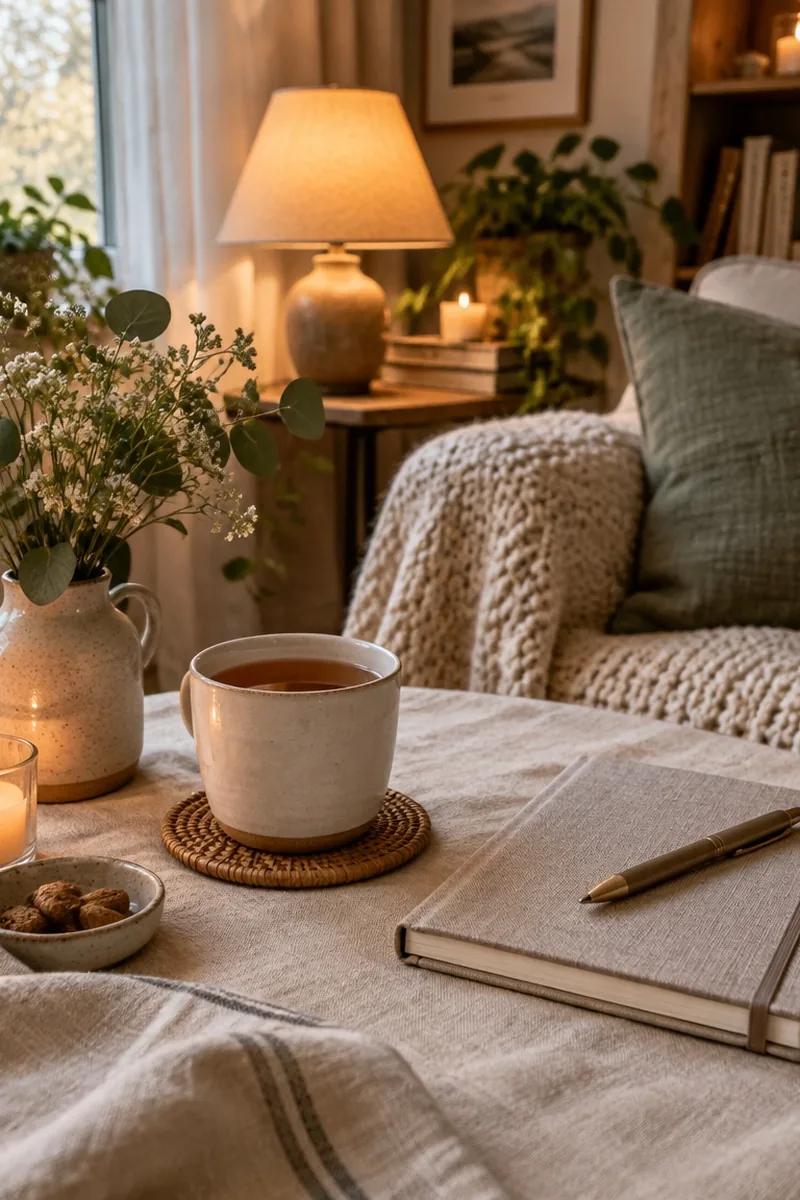 Soft Sunday reset scene with tea, journal, and warm indoor light