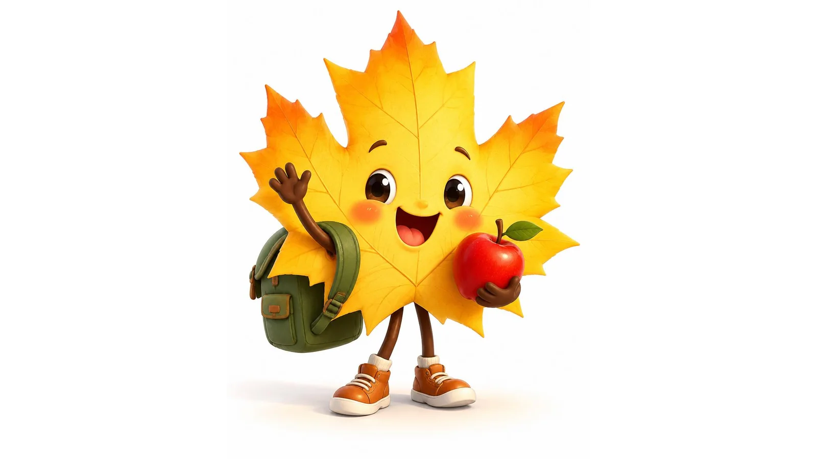 Cute funny September illustration with smiling yellow leaf, backpack, and apple on clean white background