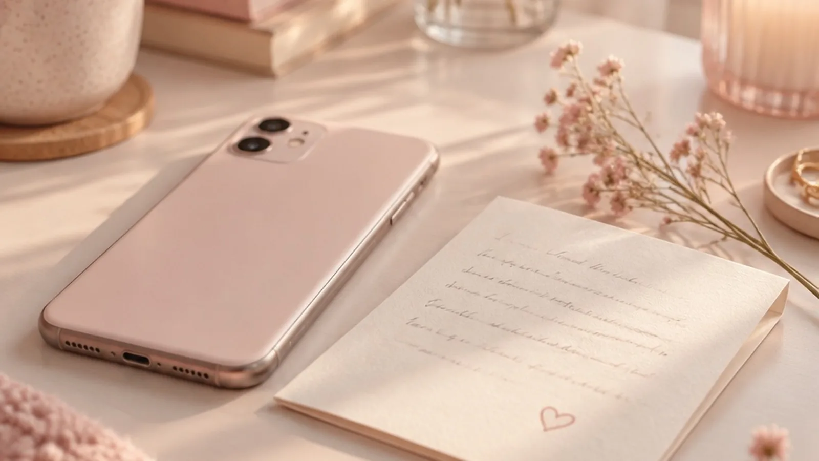 Soft pastel stationery and a phone suggesting cute girlfriend nicknames
