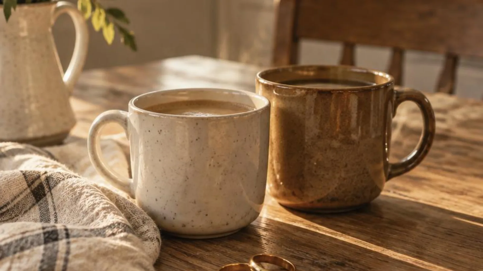 Coffee and rings on a table suggesting cute husband nicknames