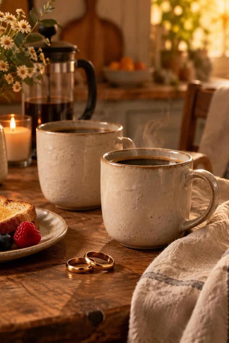 Wedding bands and coffee on a kitchen table suggesting cute husband nicknames